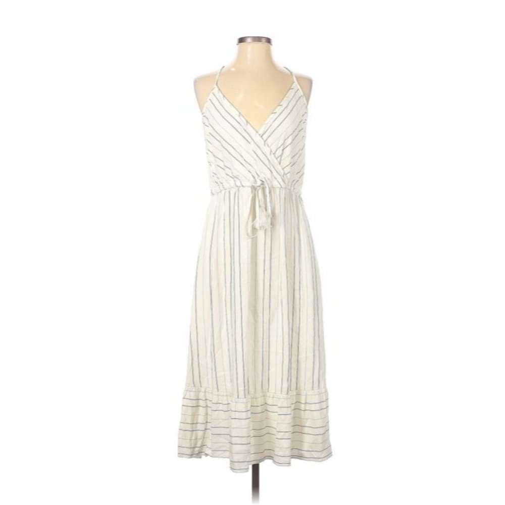 LOFT Beach Ivory/blue Feminine Striped Ruffled Midi Mid Length Casual Dress S